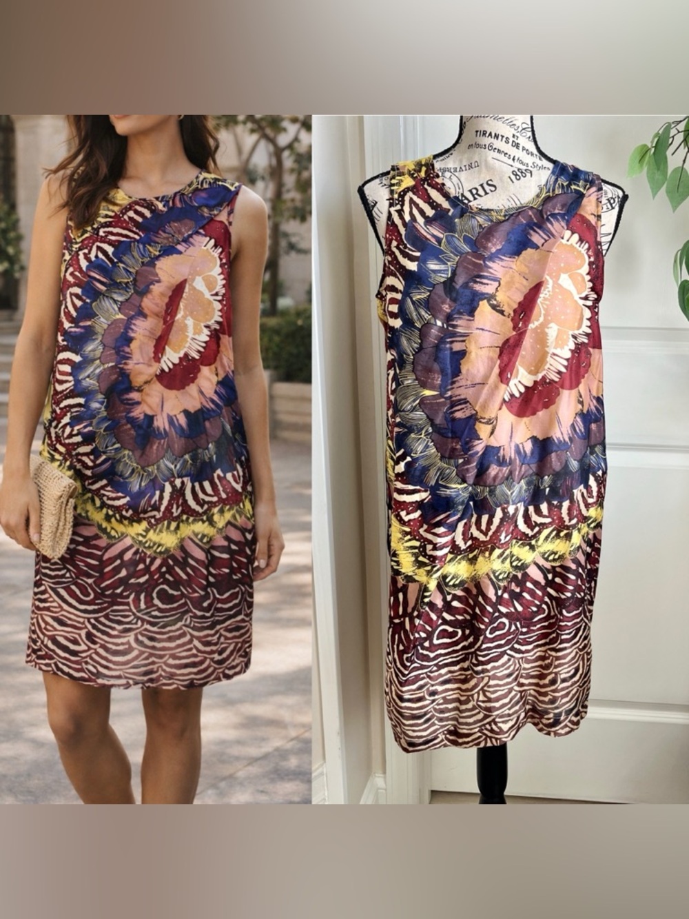 Aoyama Itchome Silk Sleeveless Floral Shift Dress Burgundy Sz S